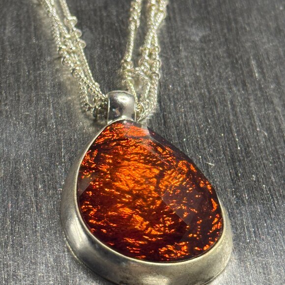 Chico’s Statement Necklace Amber Teardrop Pendant Multi-Strand Chain EUC - Picture 3 of 9